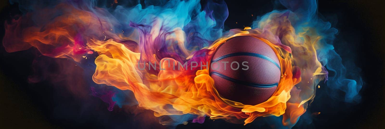 basketball on fire in basketball court stadium with lights in the field shining by Andelov13