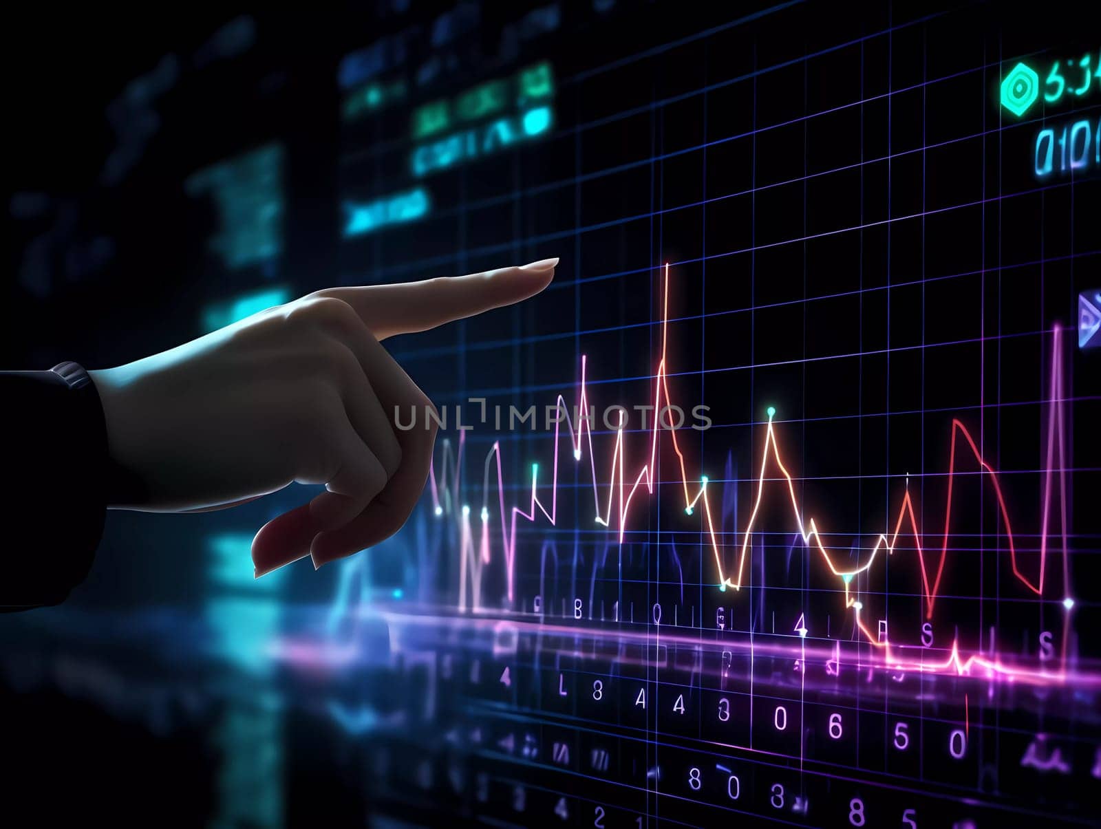 Humans hand shows on hi-tech cyber digital screen with financial graphs. Business analytics concept image