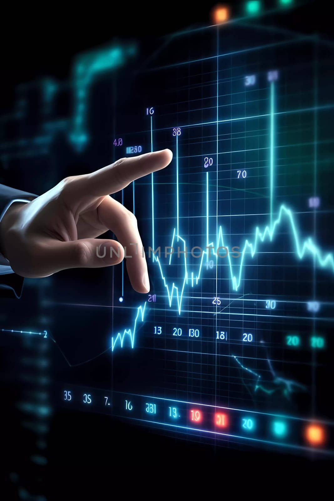 Humans hand shows on hi-tech cyber digital screen with financial graphs. Business analytics concept image. by sergeykoshkin