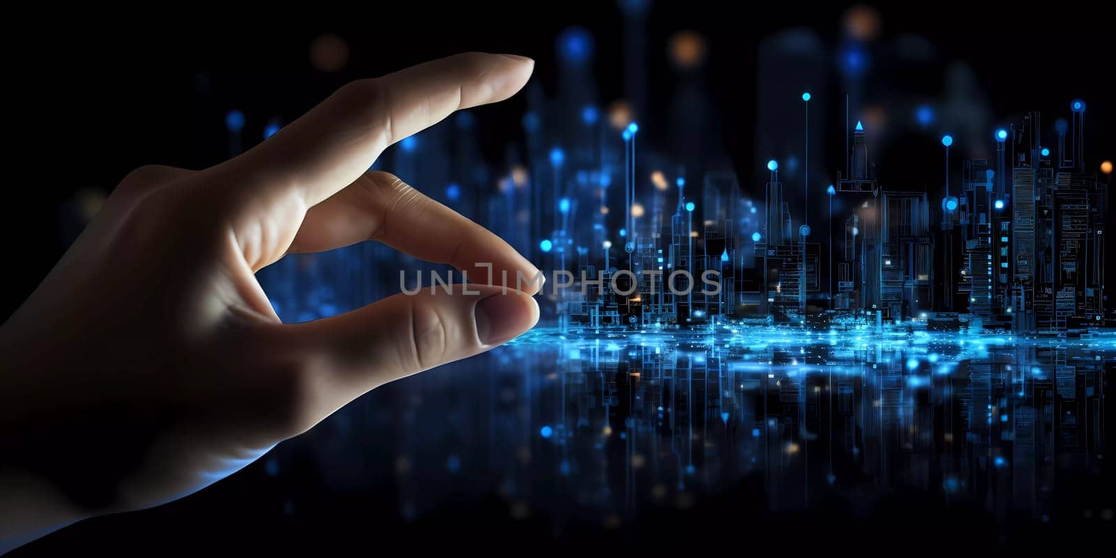 Humans hand shows on hi-tech cyber digital screen with financial graphs. Business analytics concept image