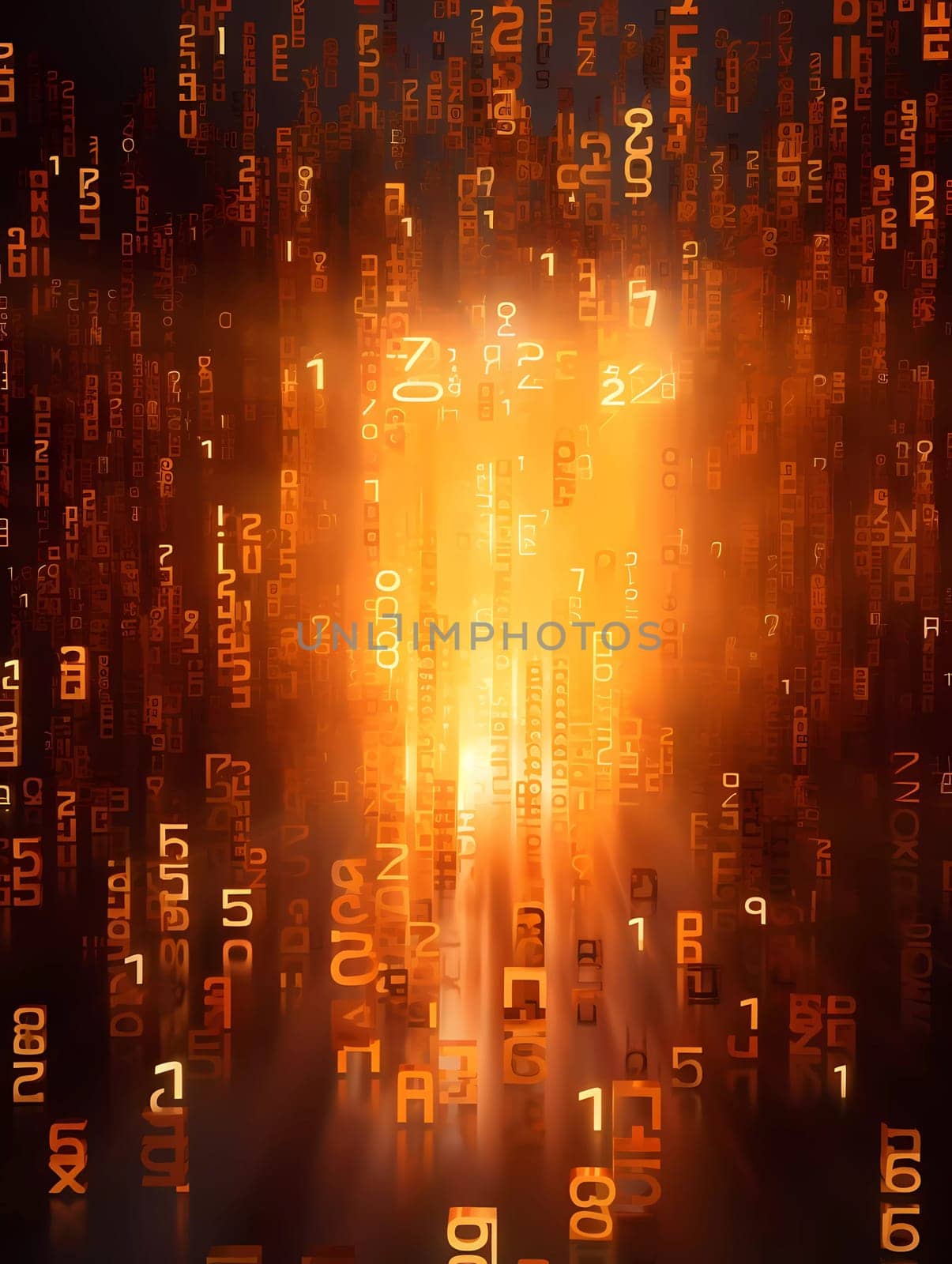Computer background with orange digits and symbols on a black background