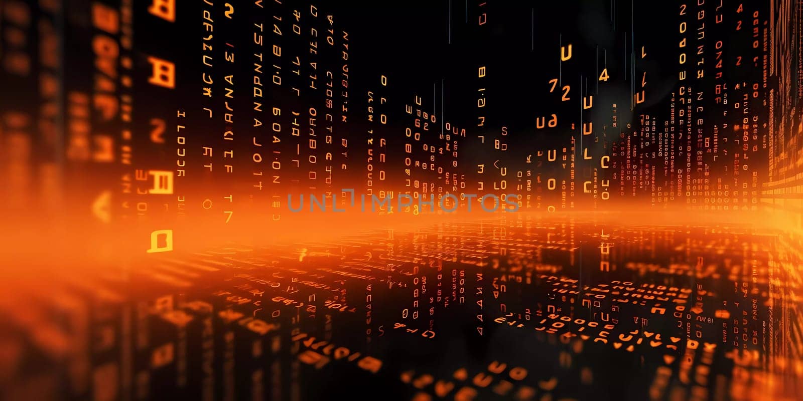 Computer background with orange digits and symbols on a black background. by sergeykoshkin