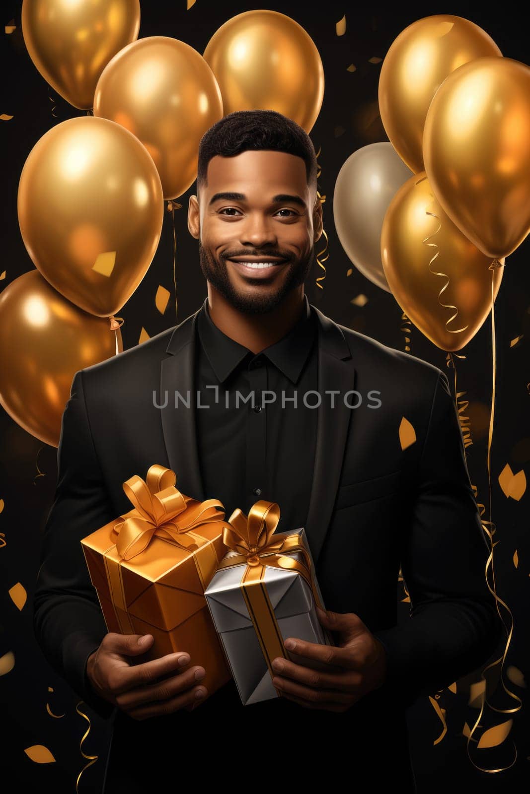 People, joy, fun and happiness concept. happy African American birthday man holding with gift box, gold and black balloons in the background. AI Generated