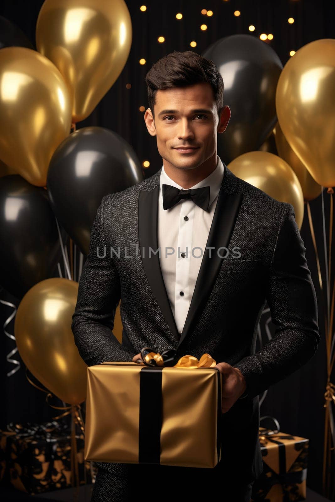 People, joy, fun and happiness concept. happy Caucasian birthday man holding with gift box, black and gold balloons in the background. AI Generated