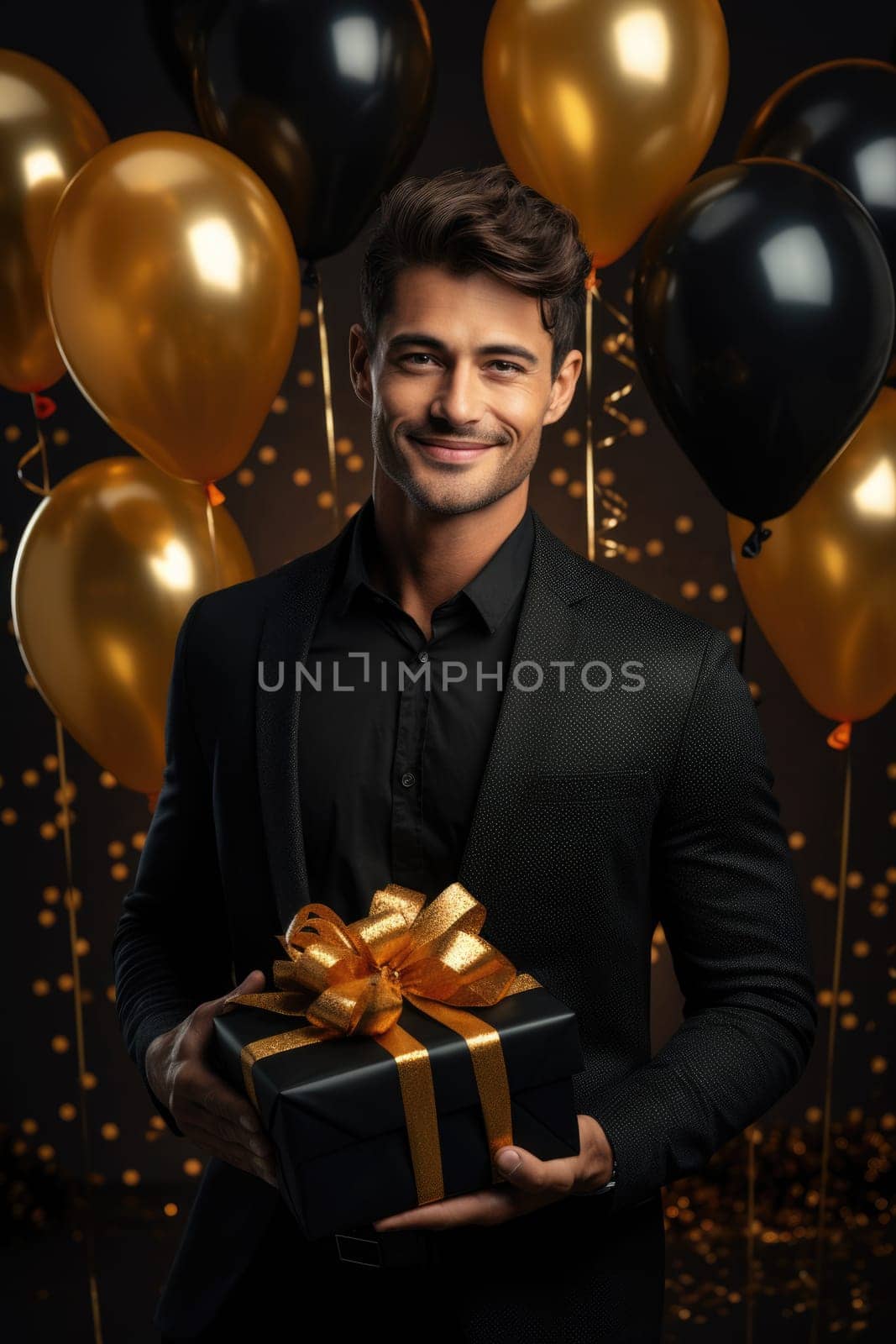 People, joy, fun and happiness concept. happy Caucasian birthday man holding with gift box, black and gold balloons in the background. AI Generated