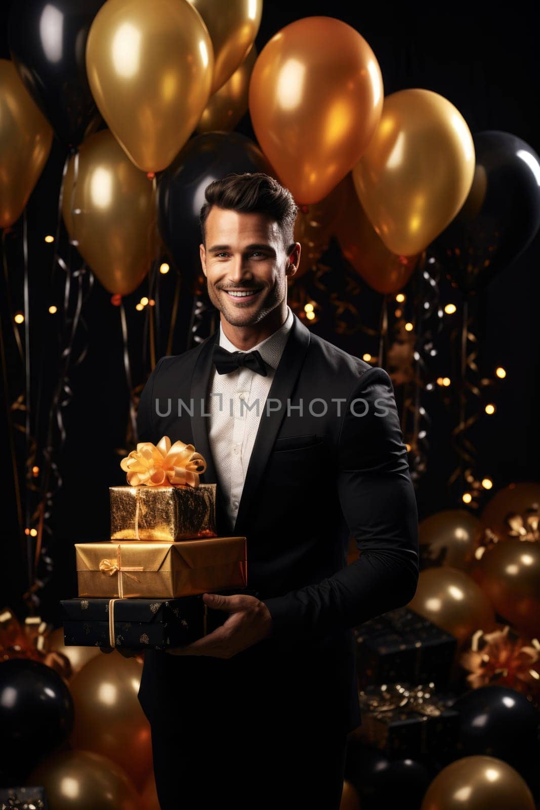 People, joy, fun and happiness concept. happy Caucasian birthday man holding with gift box, black and gold balloons in the background. AI Generated