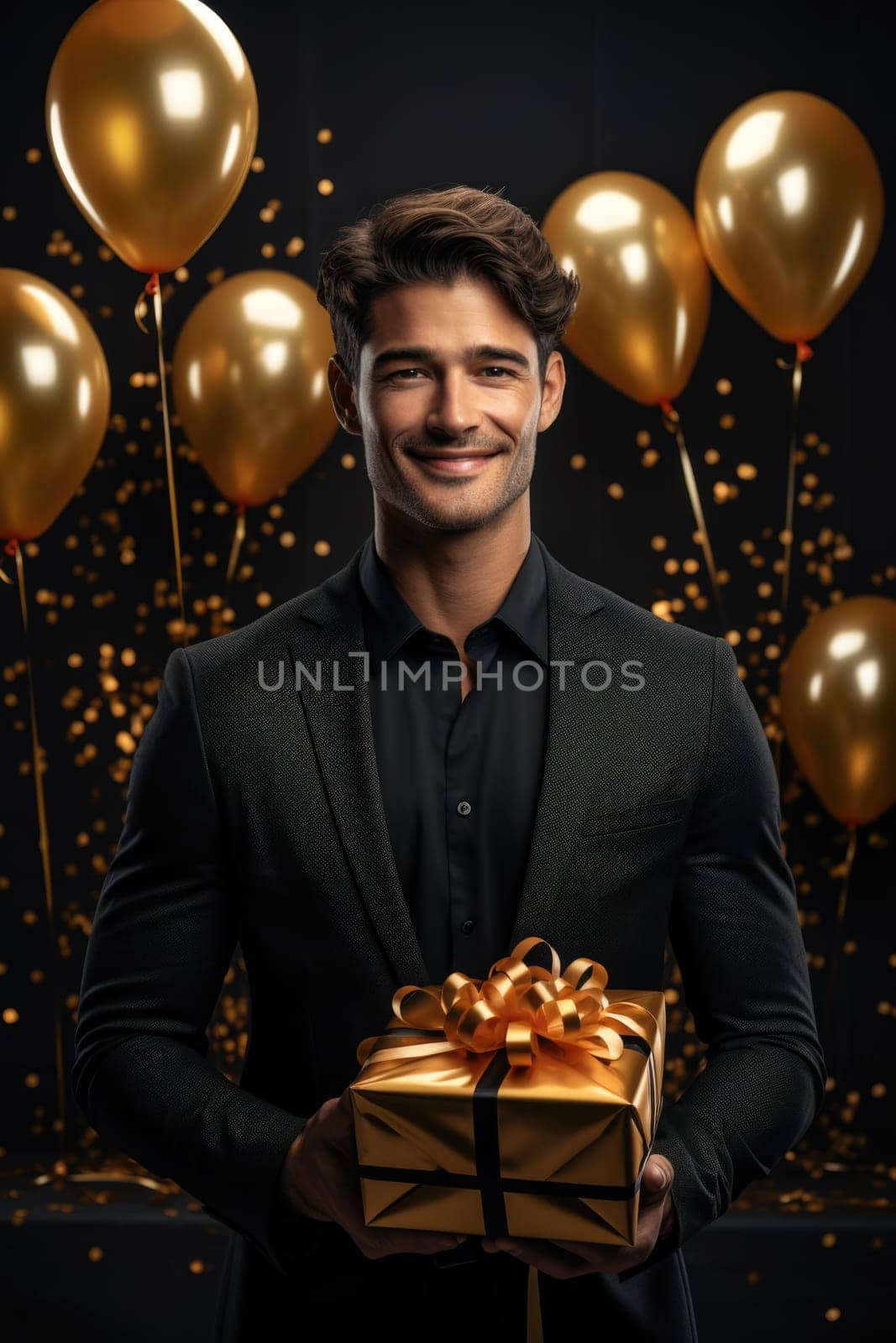 People, joy, fun and happiness concept. happy Caucasian birthday man holding with gift box, black and gold balloons in the background. AI Generated