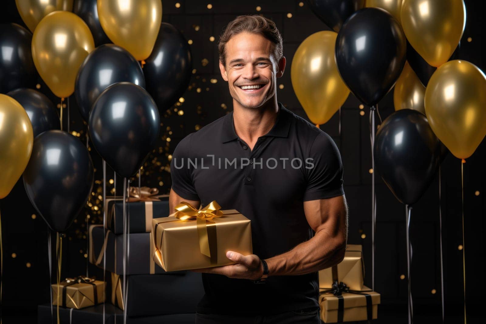 People, joy, fun and happiness concept. happy Caucasian birthday man holding with gift box, black and gold balloons in the background. AI Generated