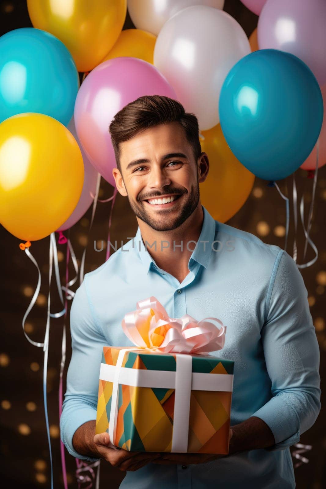 People, joy, fun and happiness concept. happy caucasian birthday man holding with gift box, balloons in the background. AI Generated