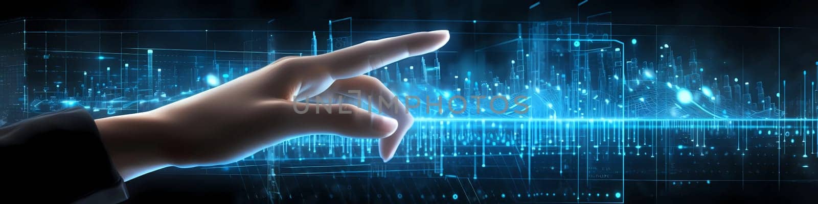 Humans hand shows on hi-tech cyber digital screen with financial graphs. Business analytics concept image. by sergeykoshkin