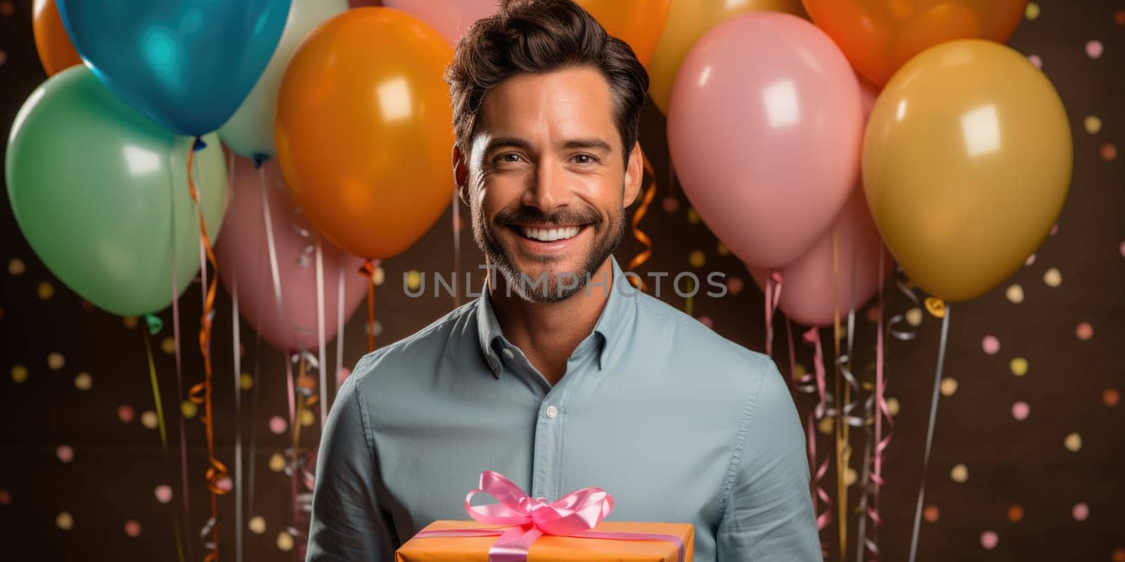 happy caucasian birthday man holding with gift box, balloons in the background. AI Generated by Desperada