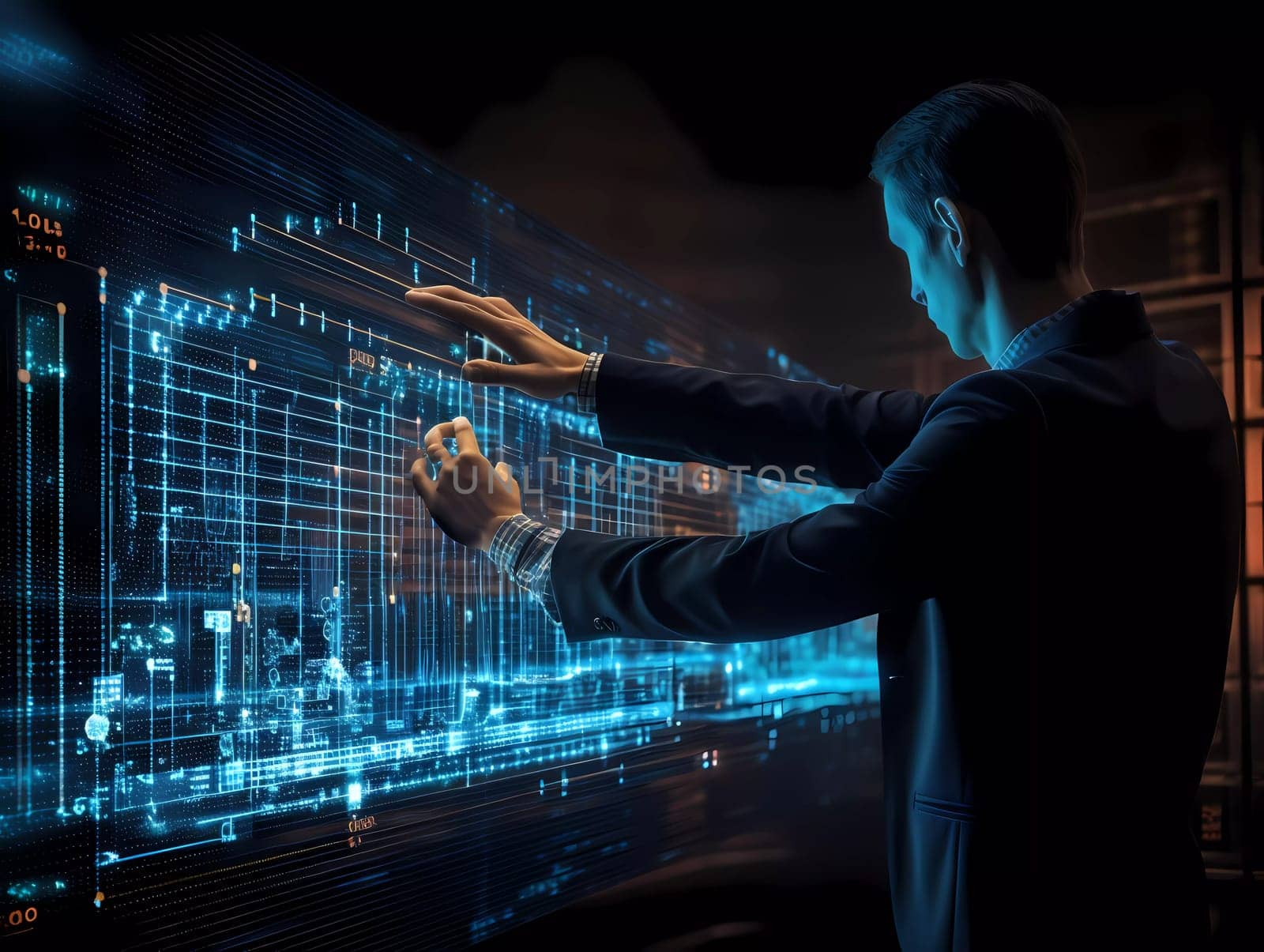 Humans hand shows on hi-tech cyber digital screen with financial graphs. Business analytics concept image