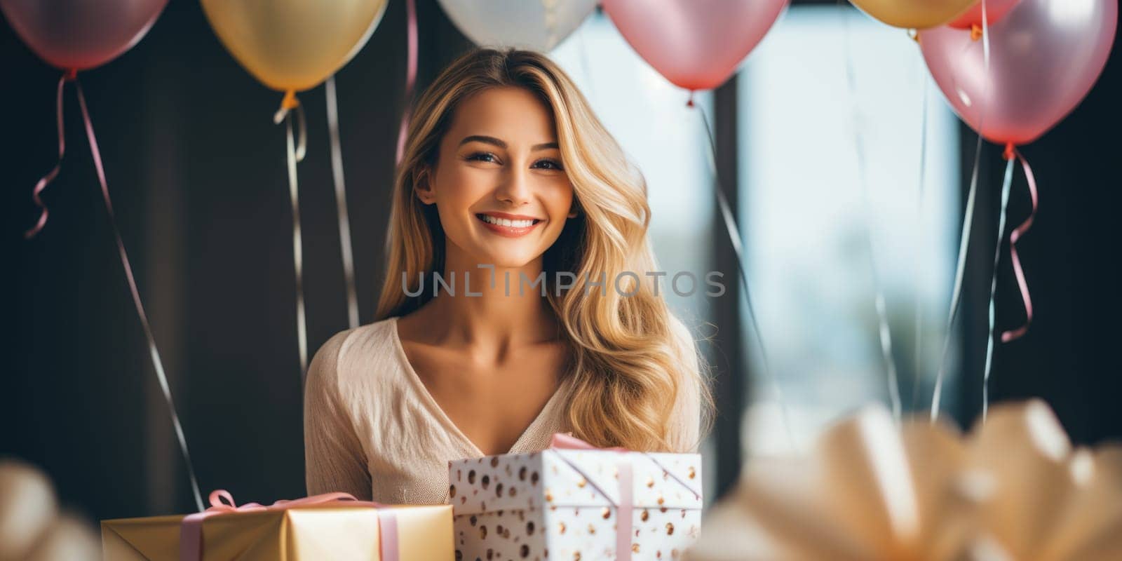 People, joy, fun and happiness concept. happy caucasian birthday man holding with gift box, balloons in the background. AI Generated