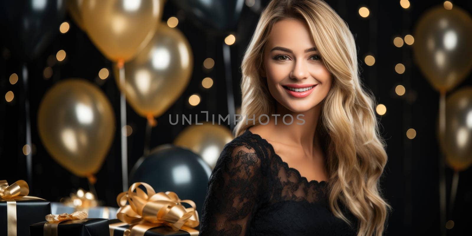 People, joy, fun and happiness concept. happy caucasian birthday man holding with gift box, gold and black balloons in the background. AI Generated