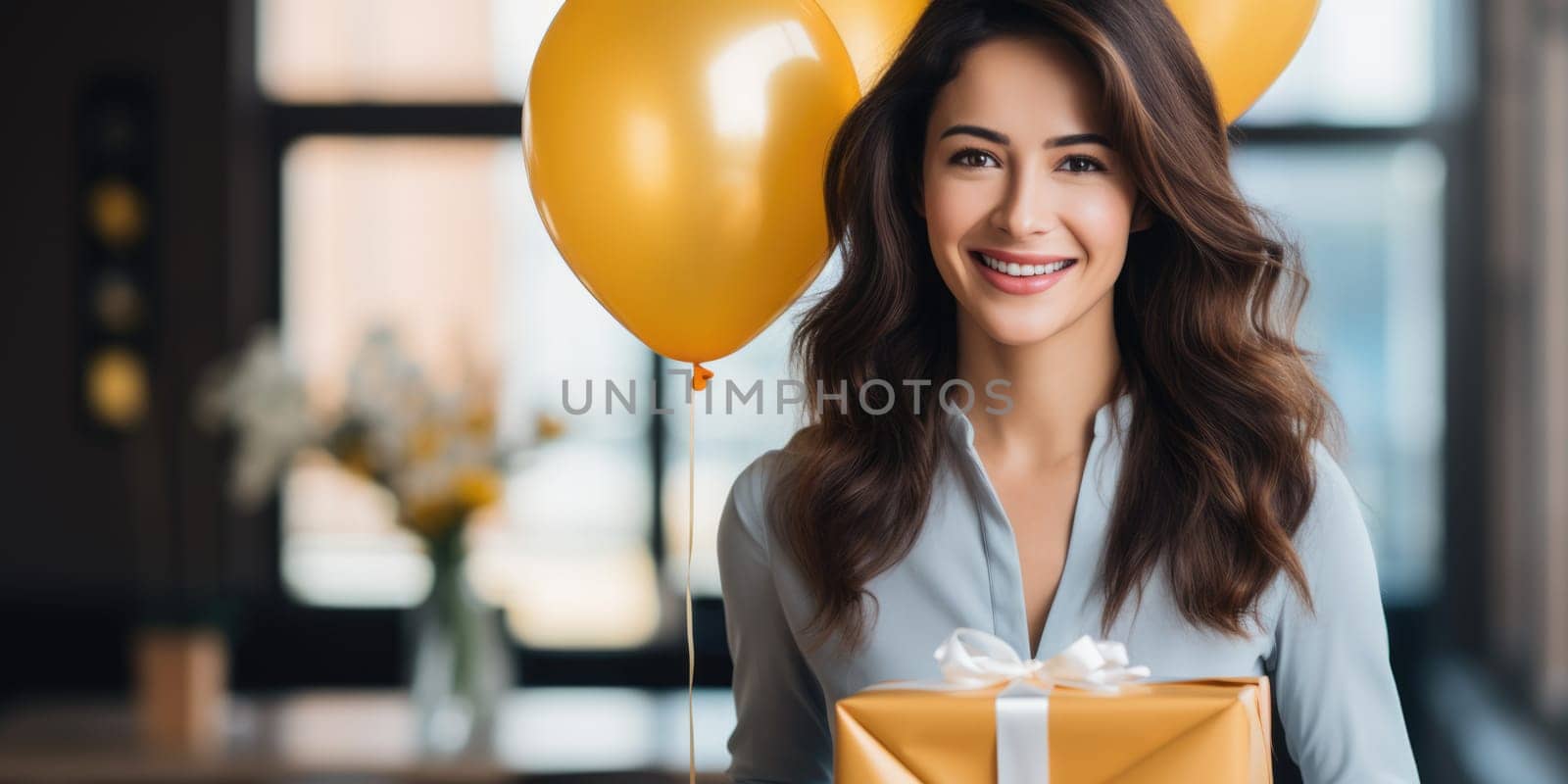 People, joy, fun and happiness concept. happy caucasian birthday man holding with gift box, balloons in the background. AI Generated