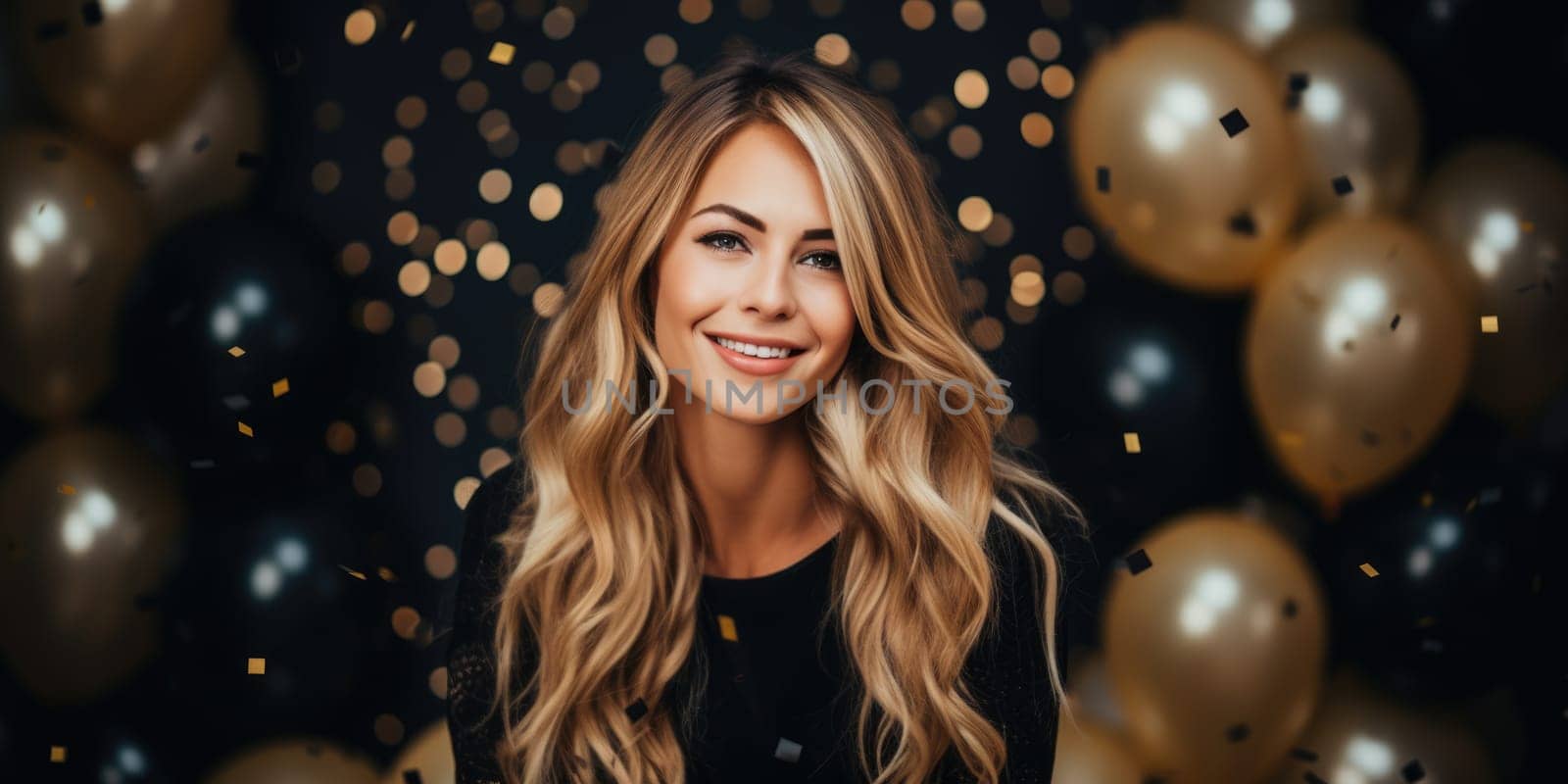 People, joy, fun and happiness concept. happy caucasian birthday man holding with gift box, gold and black balloons in the background. AI Generated