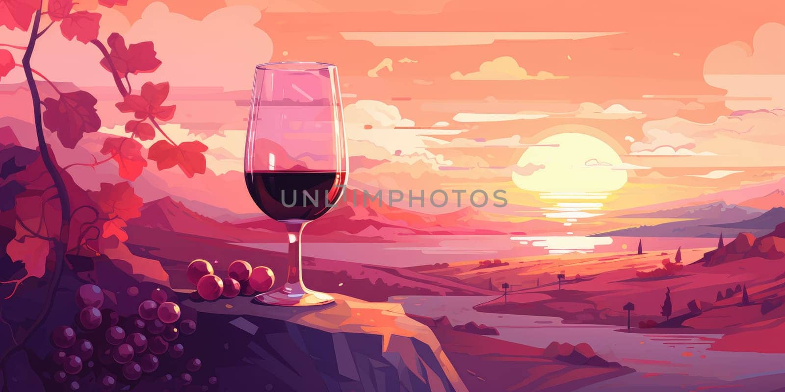 A glass of red wine with landscape view to vineyard, drink concept by Kadula