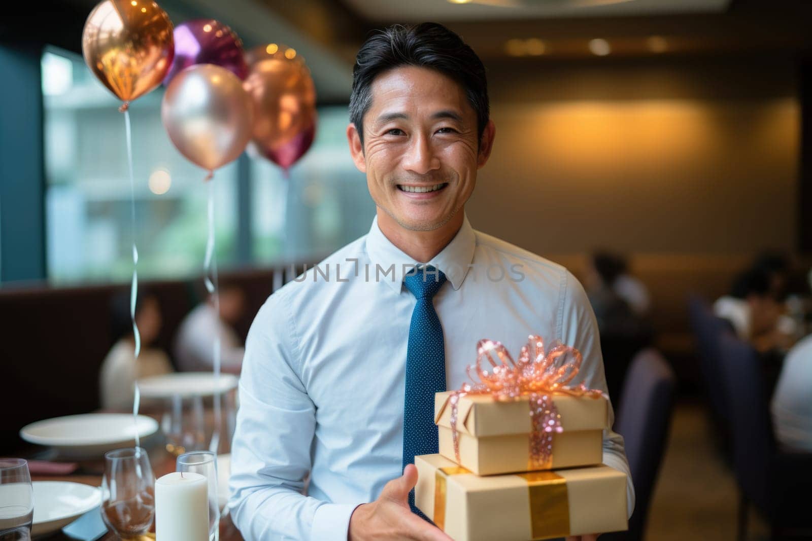 People, joy, fun and happiness concept. happy Asian birthday man holding with gift box, balloons in the background. AI Generated