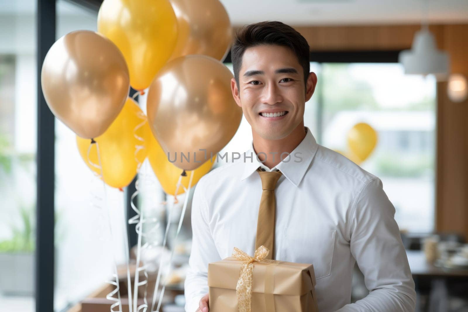 People, joy, fun and happiness concept. happy Asian birthday man holding with gift box, balloons in the background. AI Generated