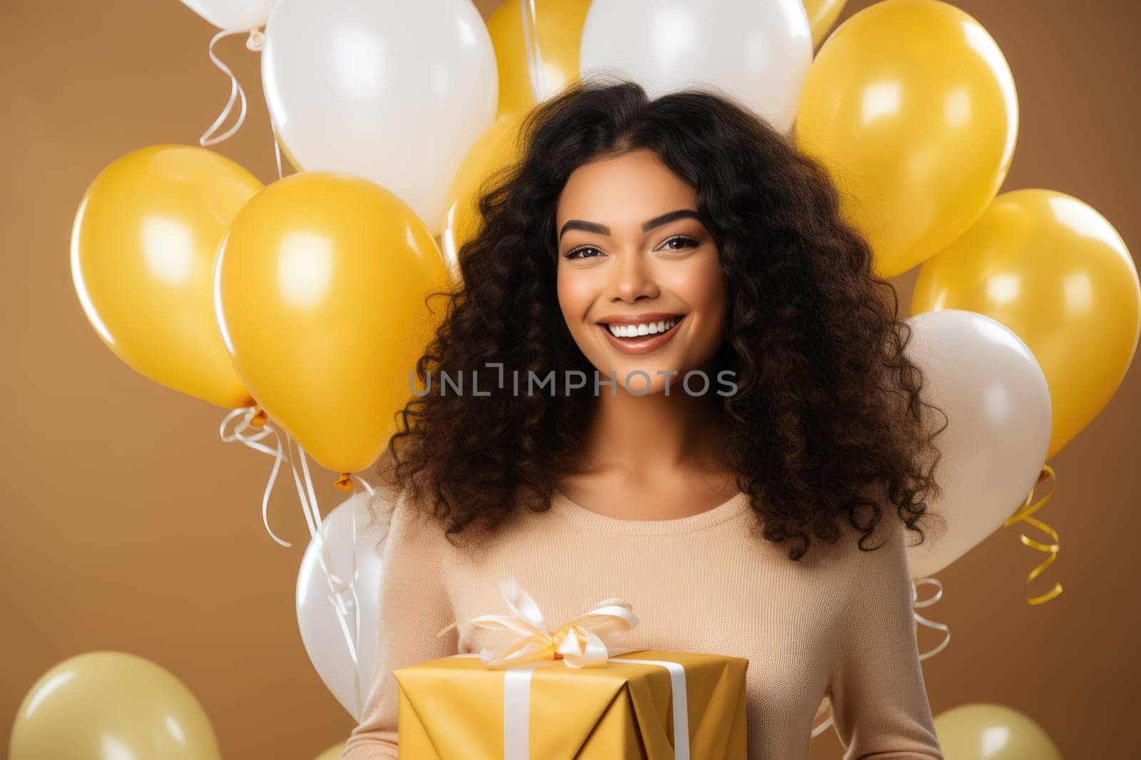 People, joy, fun and happiness concept. happy mixed race birthday woman holding with gift box, balloons in the background. AI Generated
