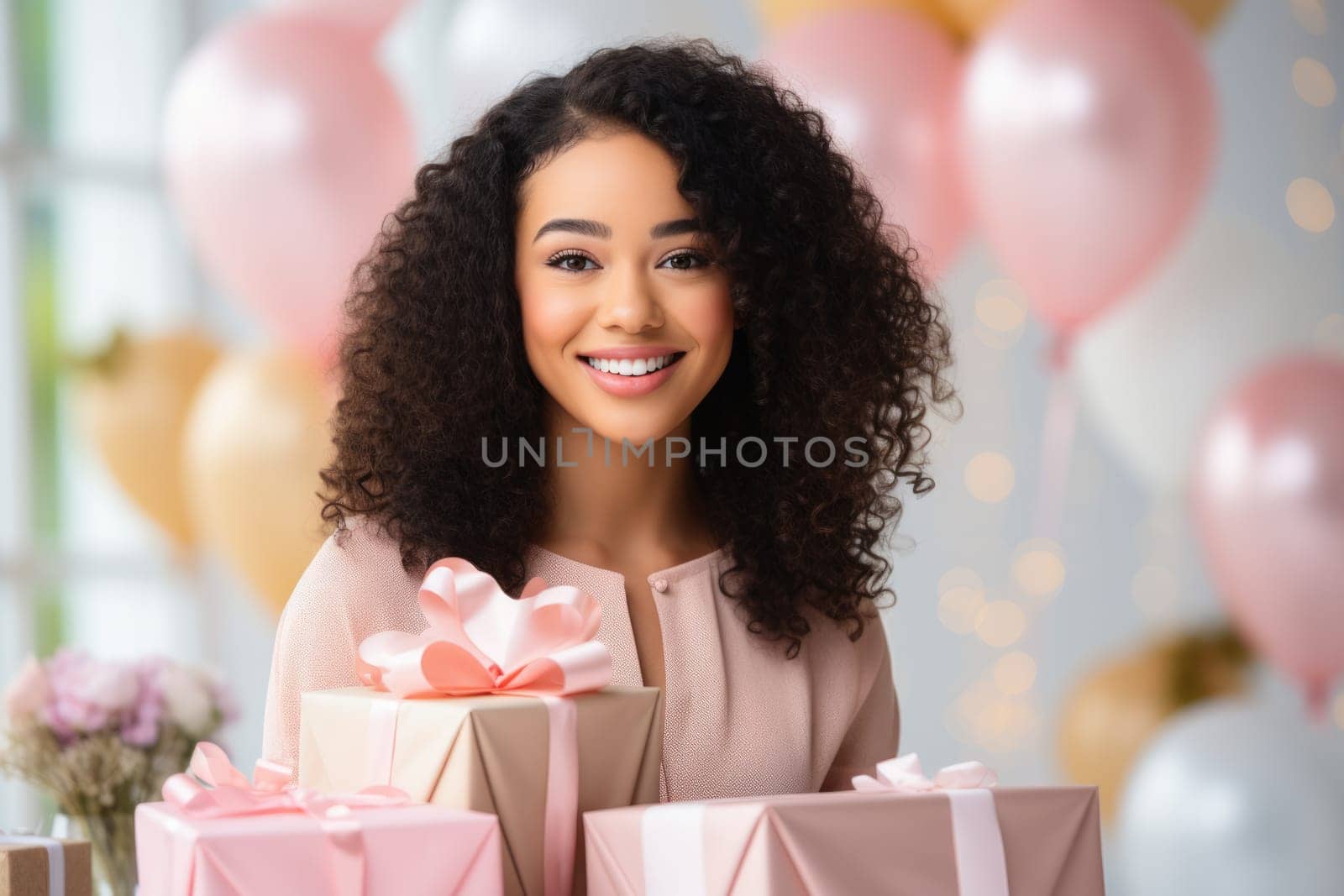 People, joy, fun and happiness concept. happy mixed race birthday woman holding with gift box, balloons in the background. AI Generated