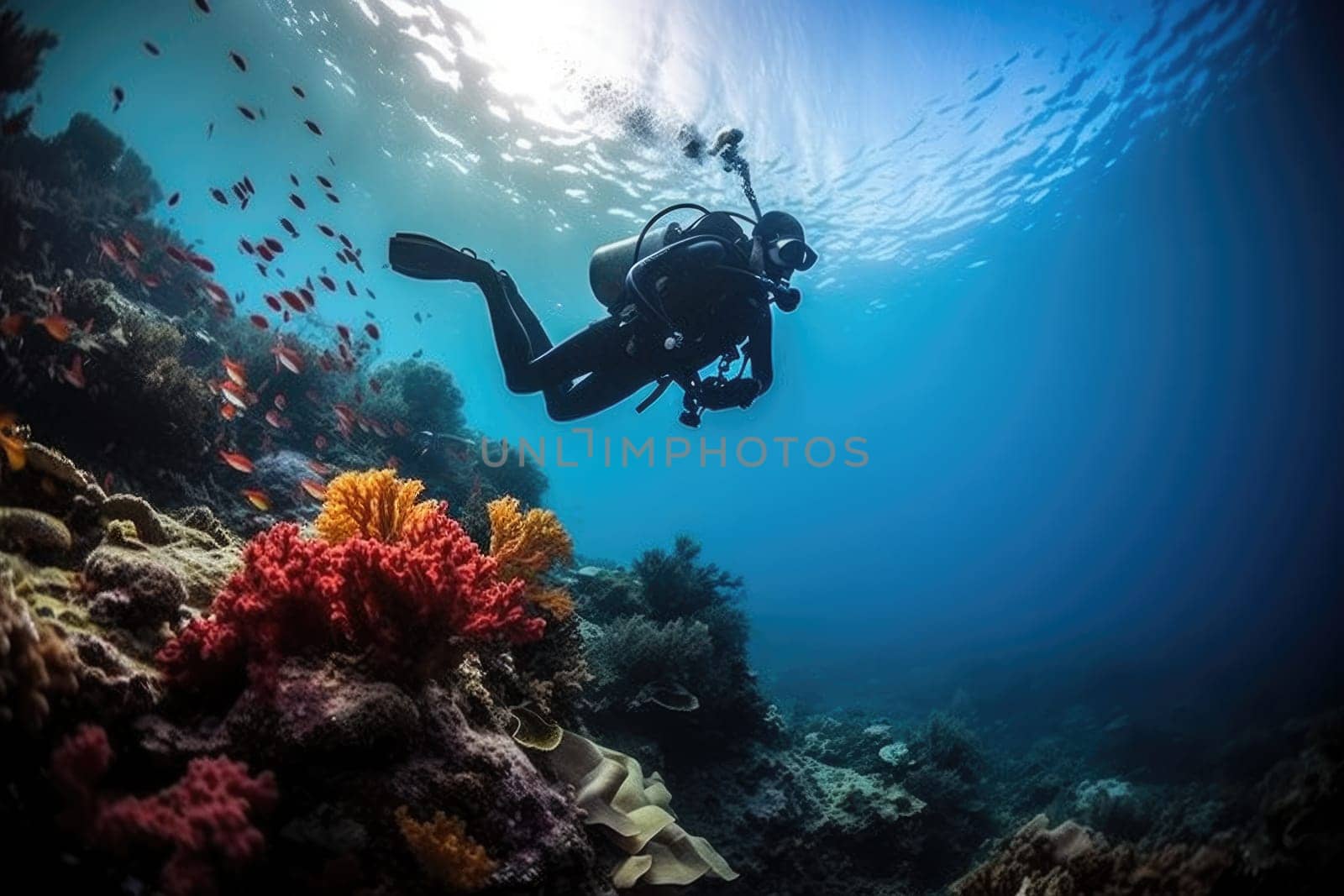 Scuba diving in ocean coral reef sea under water. AI Generated by Desperada