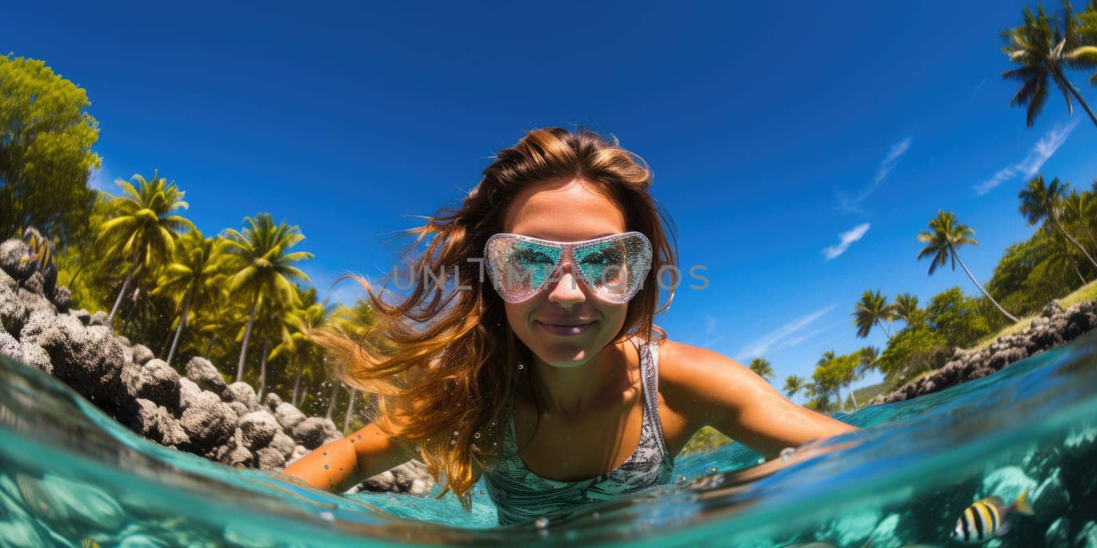 Underwater shoot of a young lady snorkeling and doing skin diving in a tropical sea. AI Generated