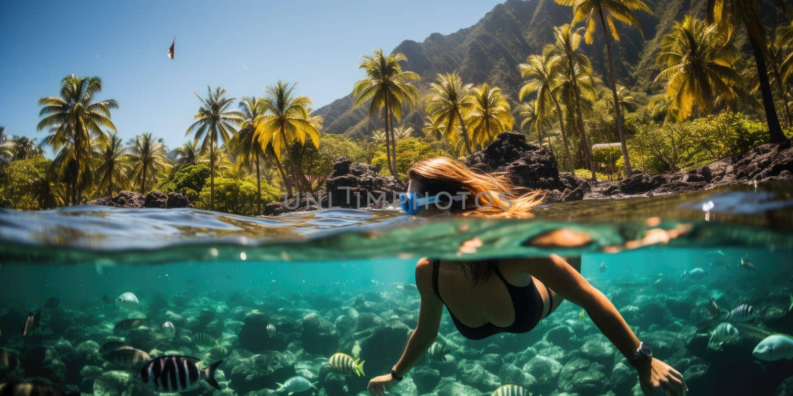 Underwater shoot of a young lady snorkeling and doing skin diving in a tropical sea. AI Generated