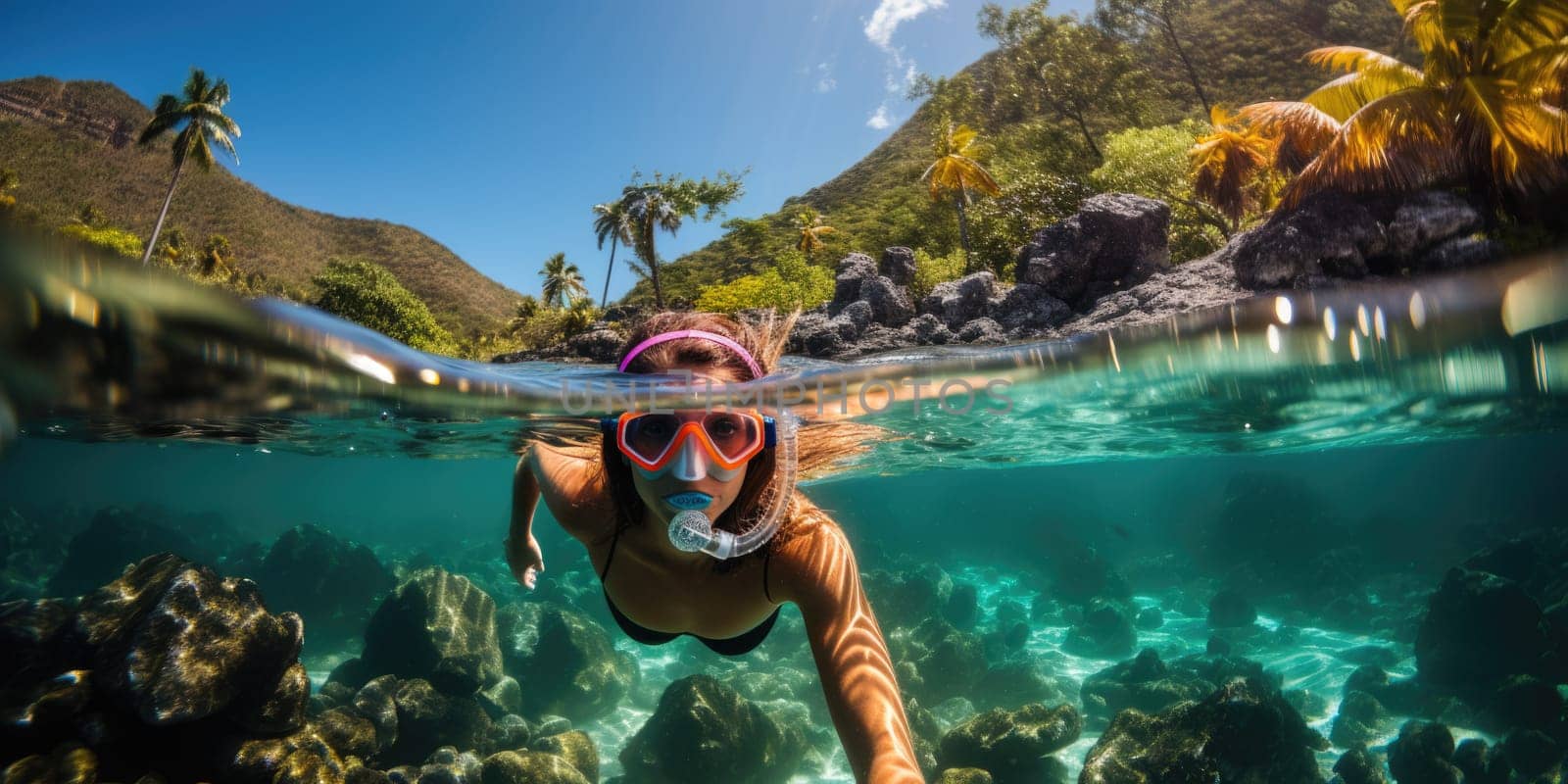 Underwater shoot of a young lady snorkeling and doing skin diving in a tropical sea. AI Generated