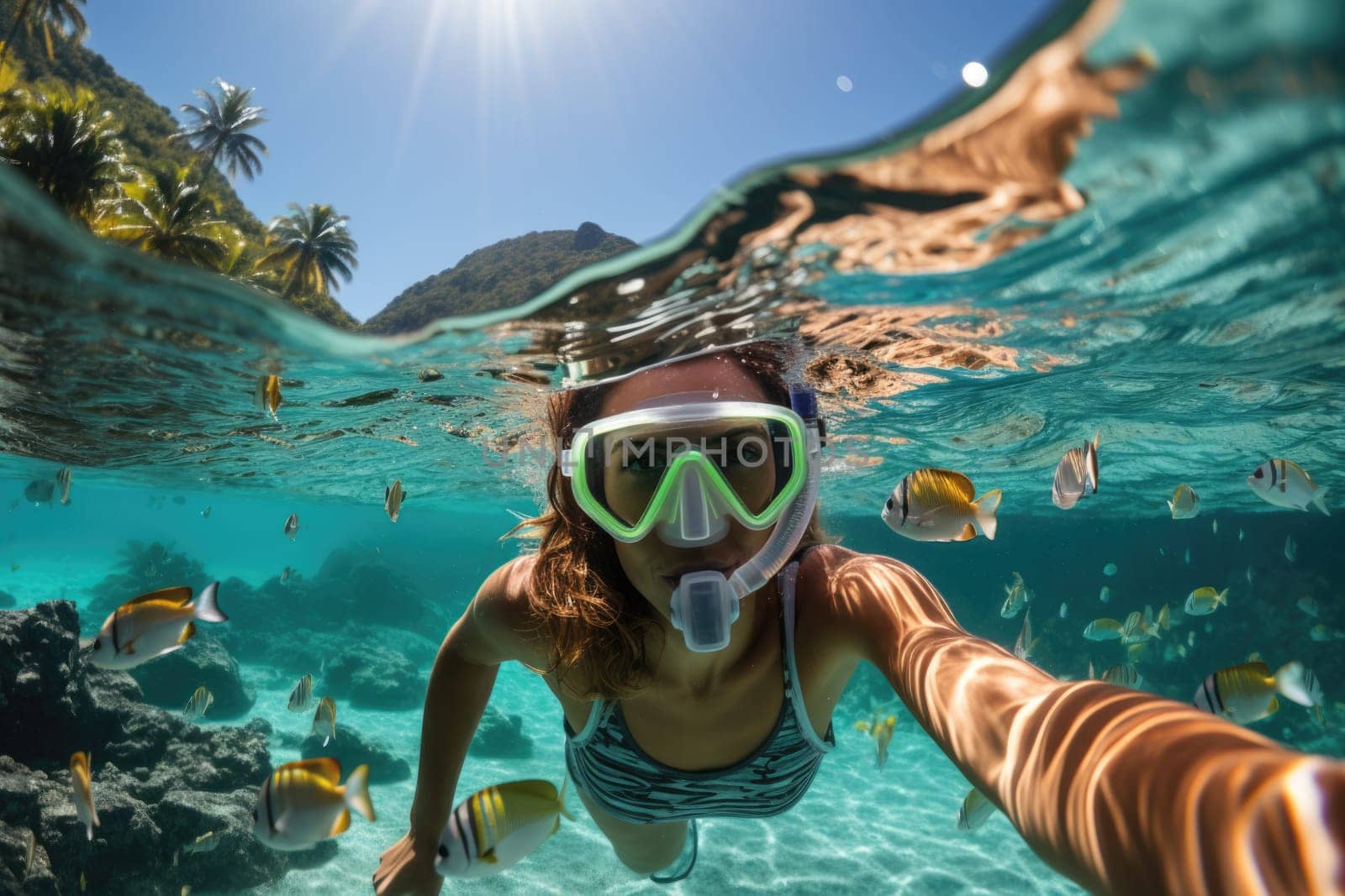 Underwater shoot of a young lady snorkeling and doing skin diving in a tropical sea. AI Generated by Desperada