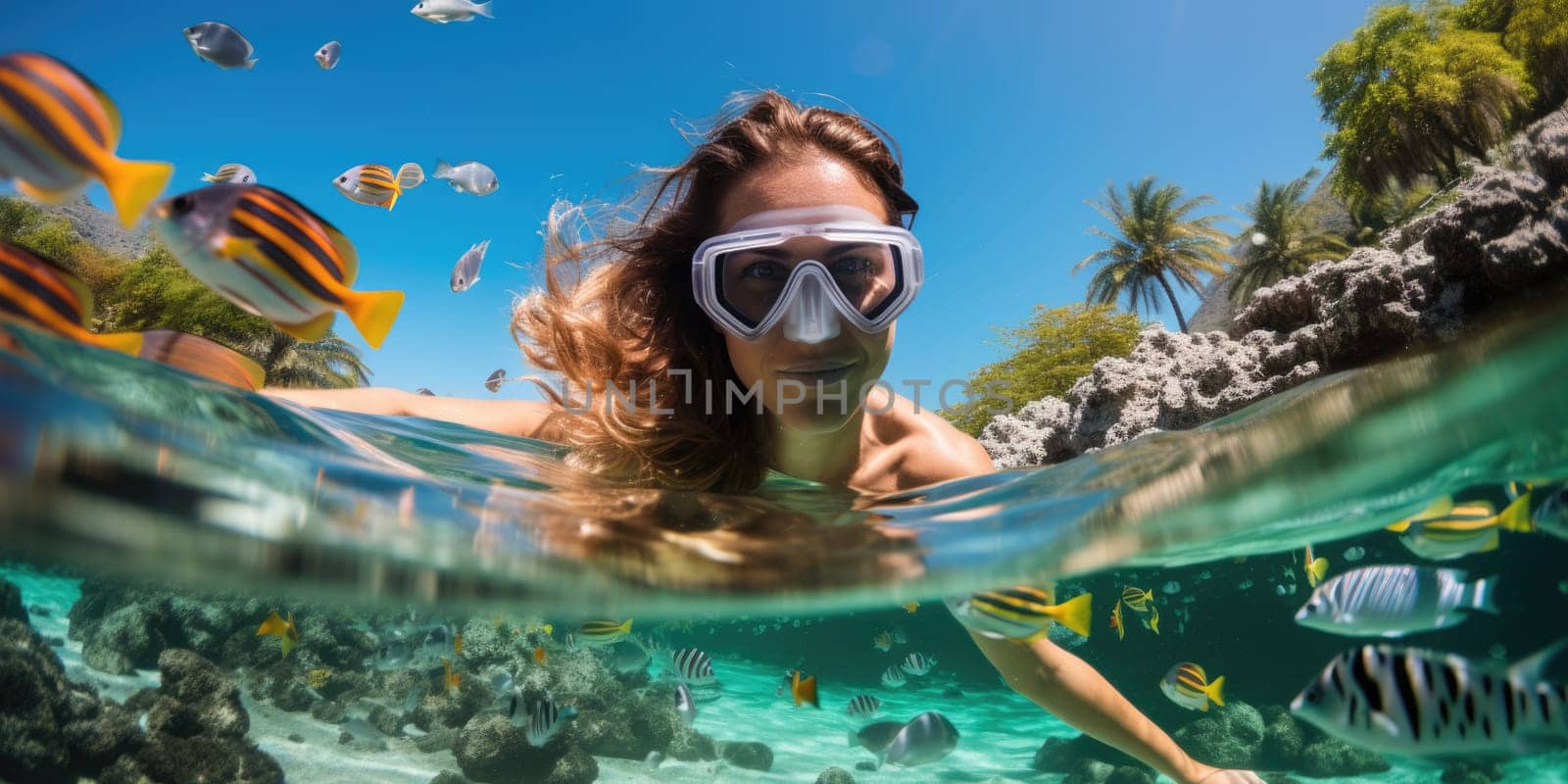 Underwater shoot of a young lady snorkeling and doing skin diving in a tropical sea. AI Generated