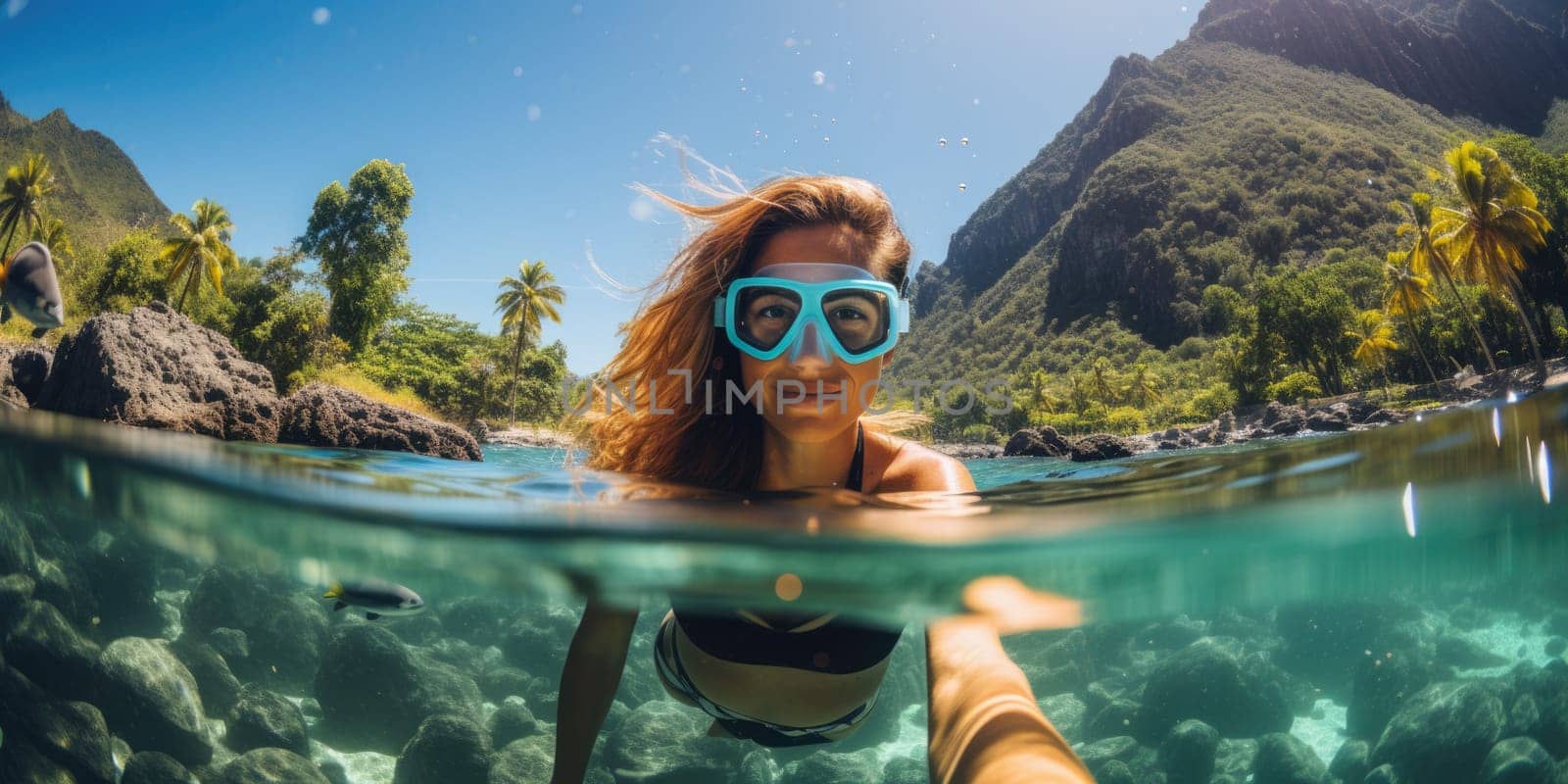 Underwater shoot of a young lady snorkeling and doing skin diving in a tropical sea. AI Generated