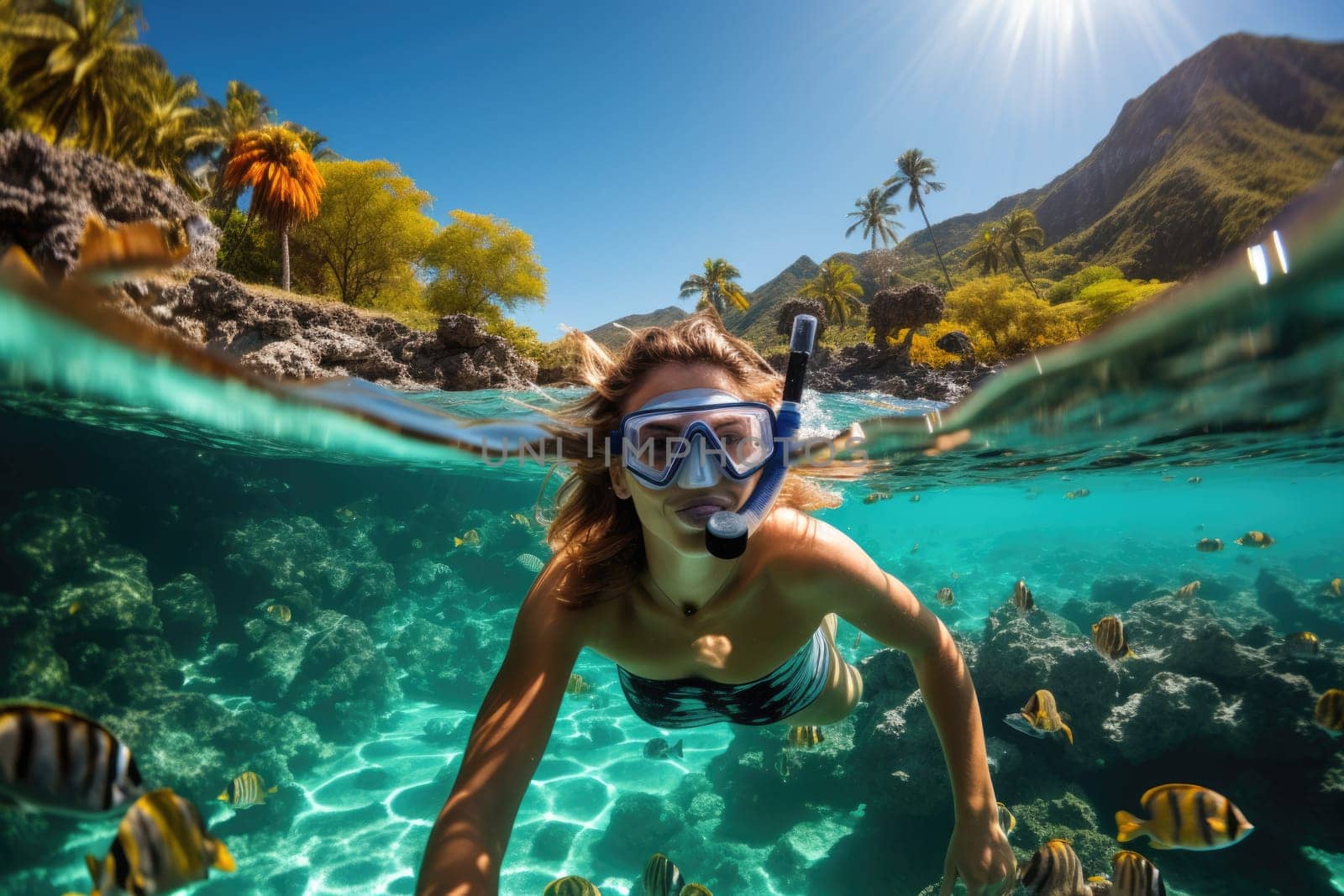 Underwater shoot of a young lady snorkeling and doing skin diving in a tropical sea. AI Generated