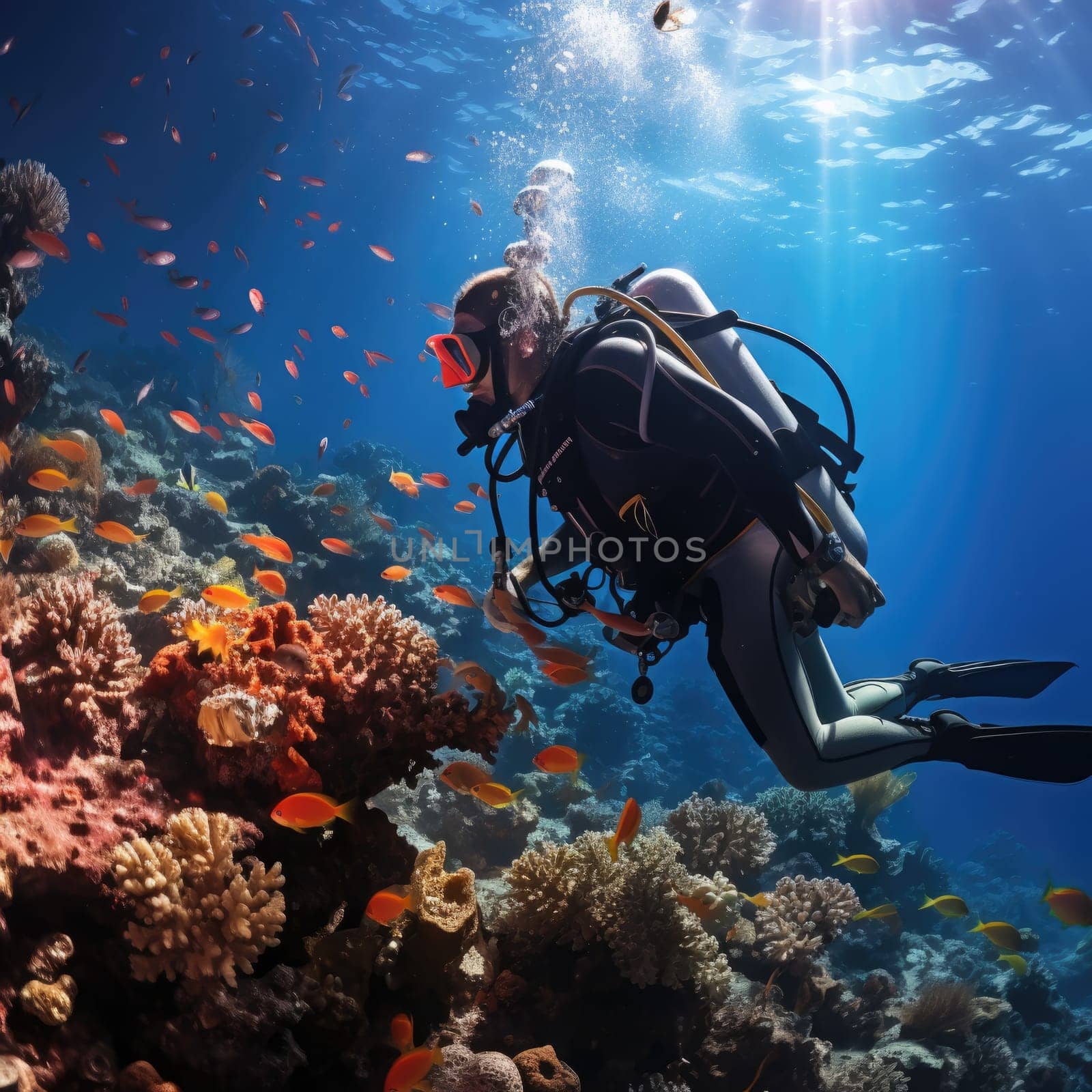 The diver swims deep underwater among coral reefs and beautiful fish. AI Generated