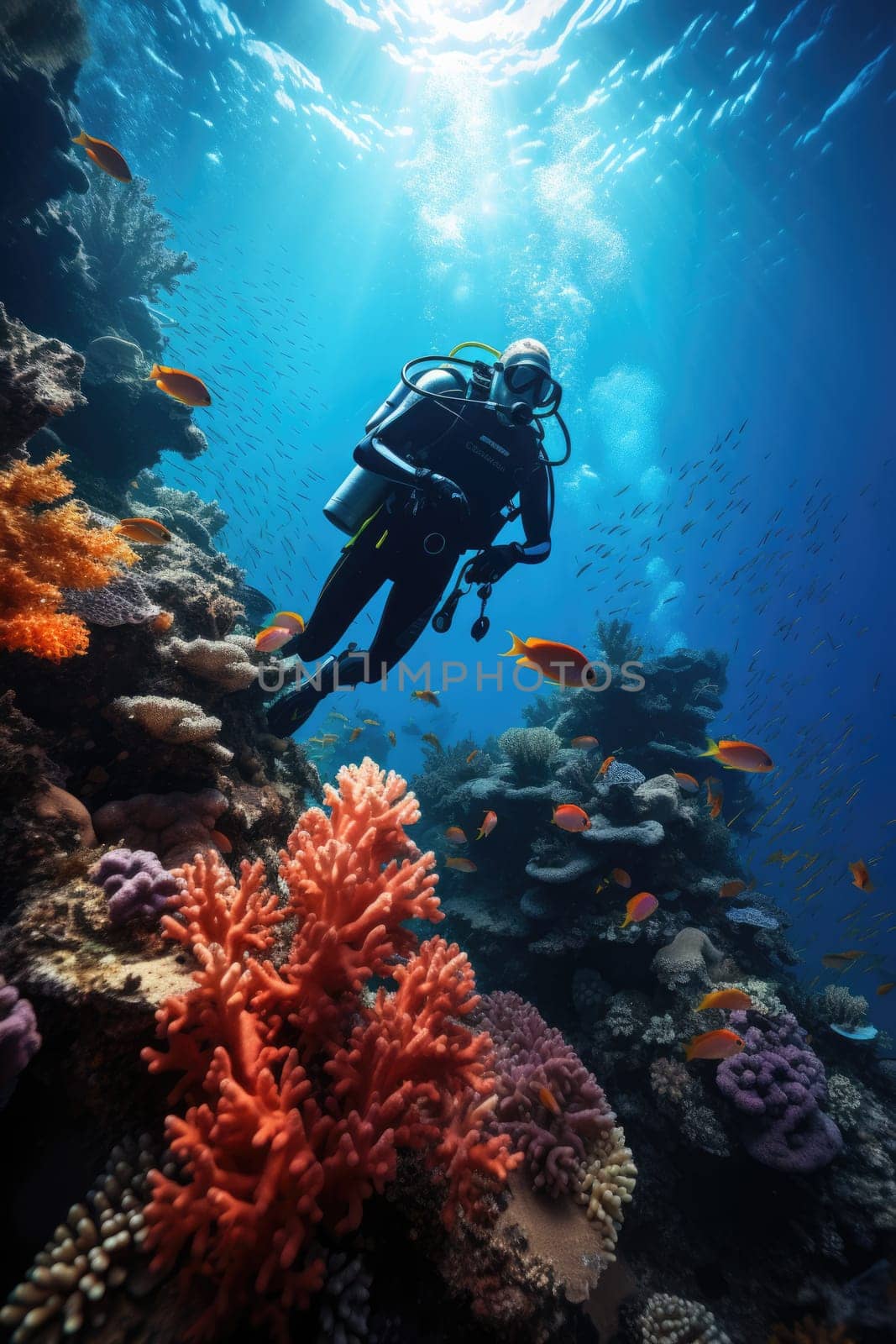 The diver swims deep underwater among coral reefs and beautiful fish. AI Generated