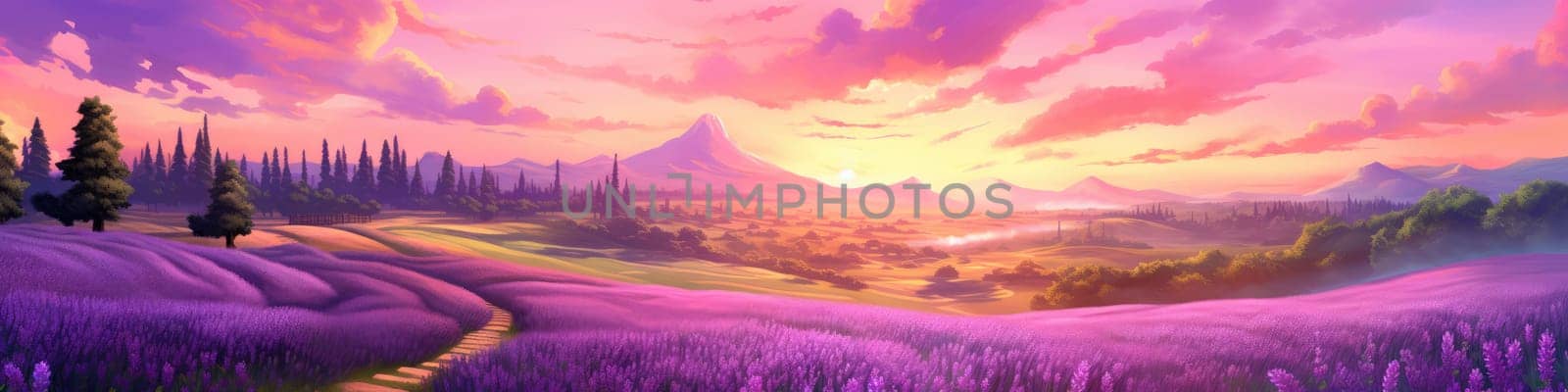 Blooming a lavender field during lovely summer sunset, banner concept