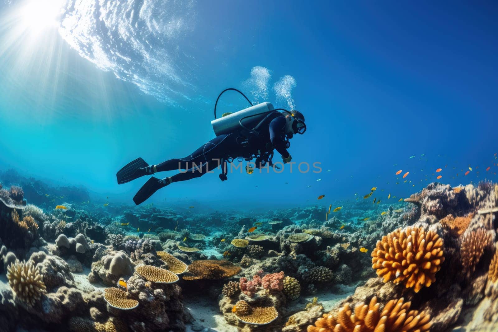 The diver swims deep underwater among coral reefs and beautiful fish. AI Generated