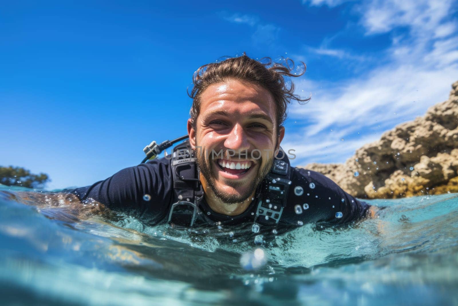 Underwater portrait of a woman snorkeling in tropical sea. Full length portrait of a man in a wetsuit with snorkeling equipment. AI Generated