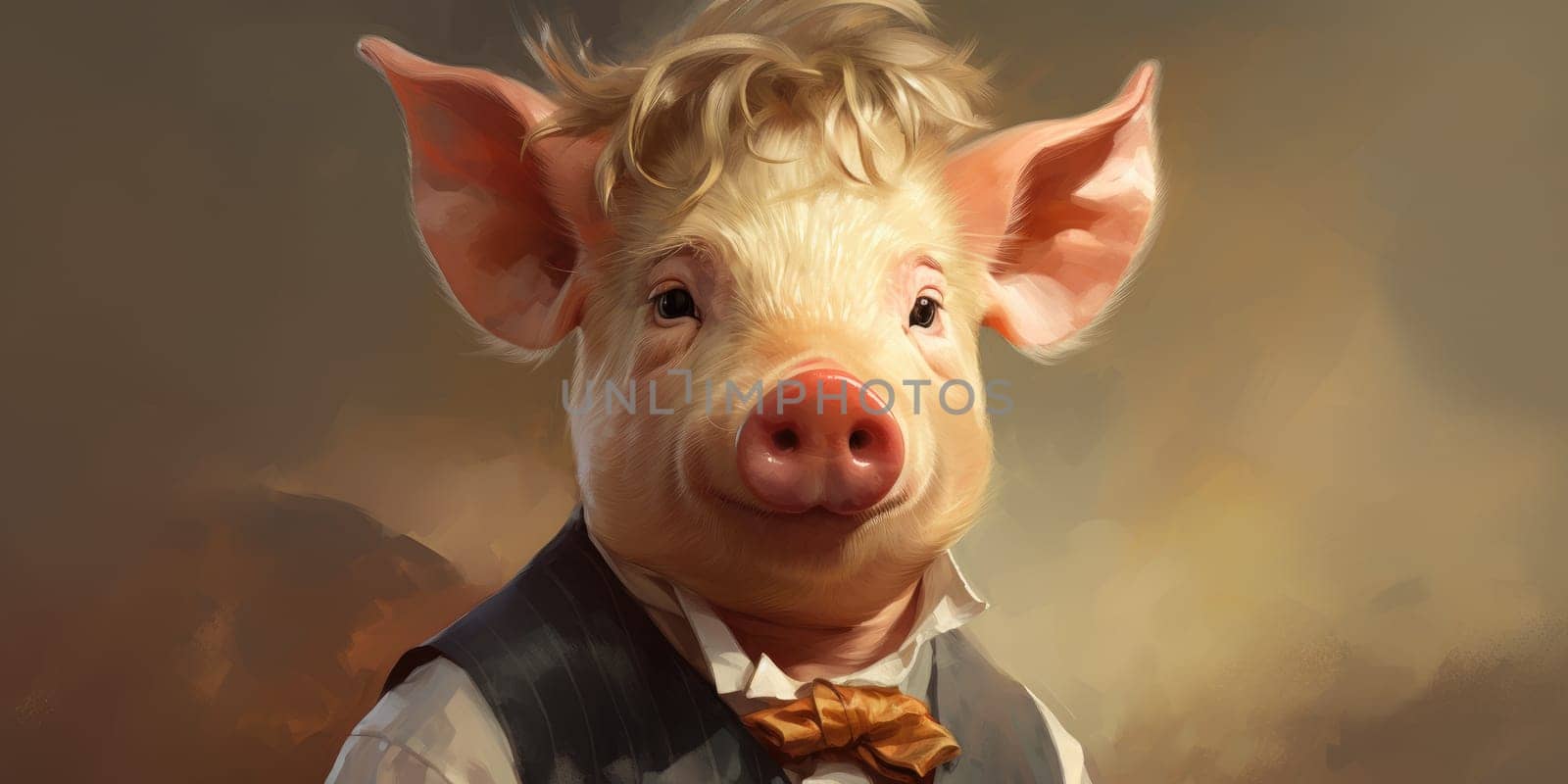 Portrait of dwarf pig as a human, abstract concept
