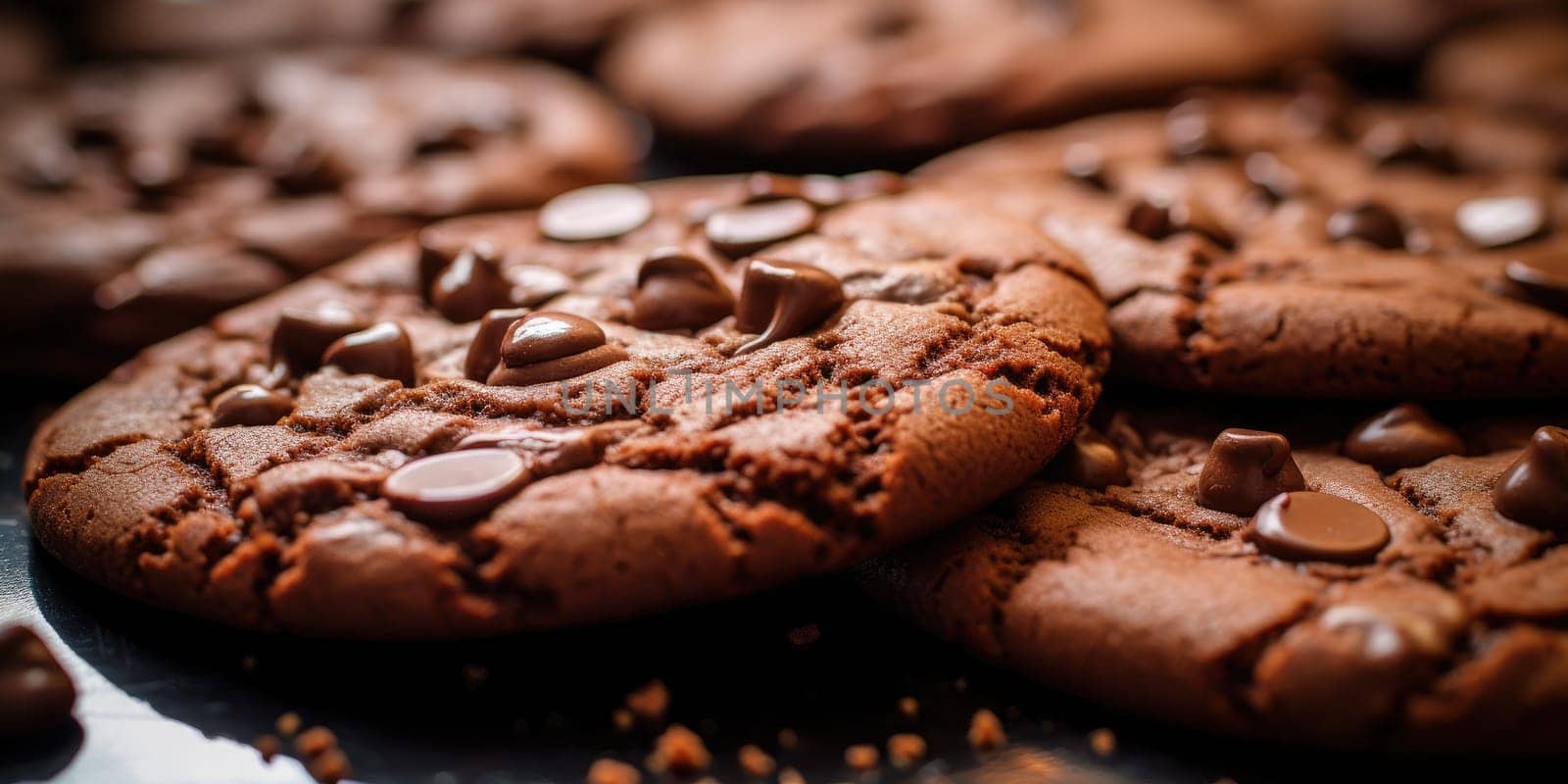 Macro detail chocolate cookies with a small pieces of chocolate, food concept