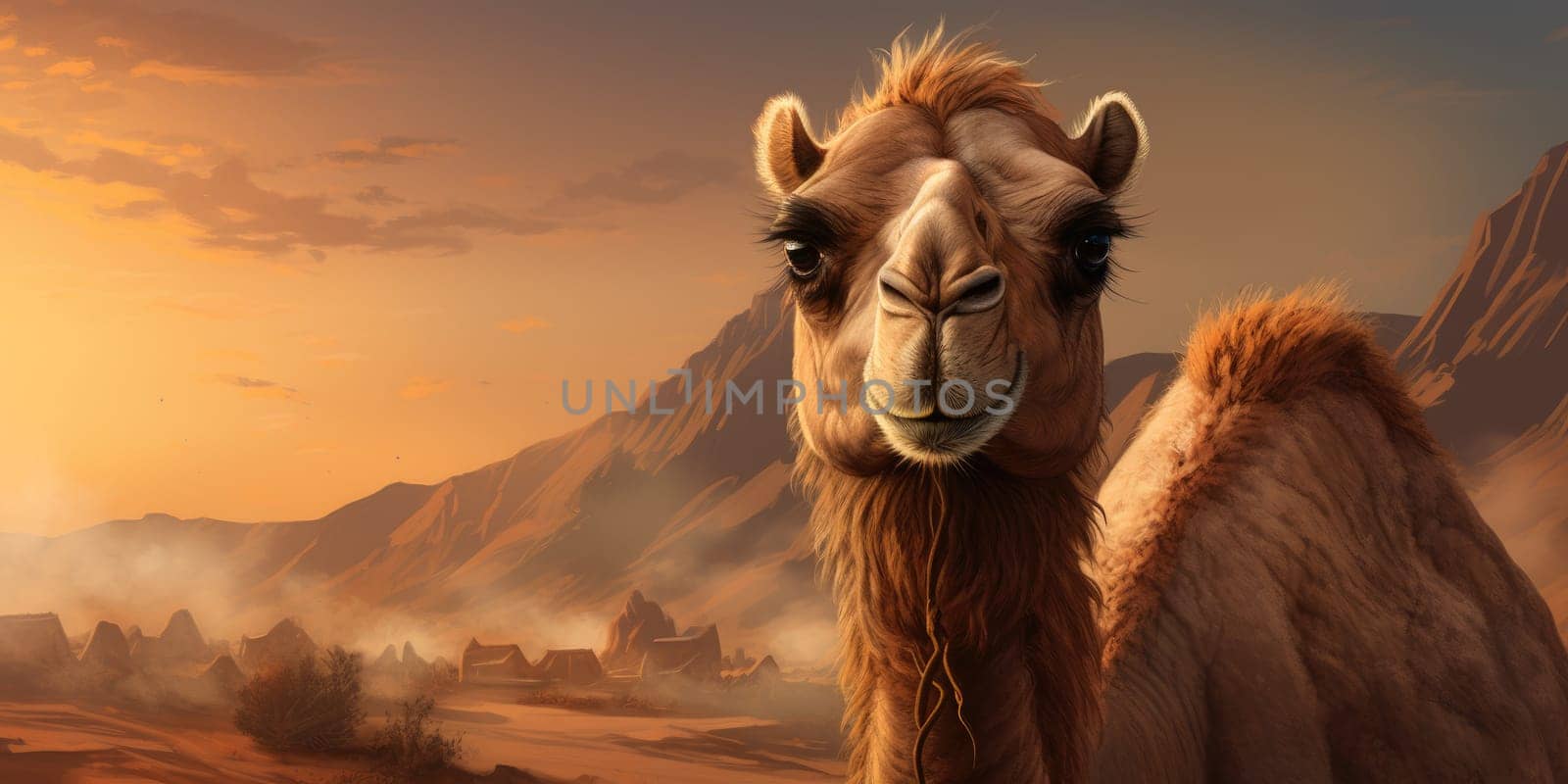 Portrait of camel in the desert or wasteland, wildlife and nature concept by Kadula