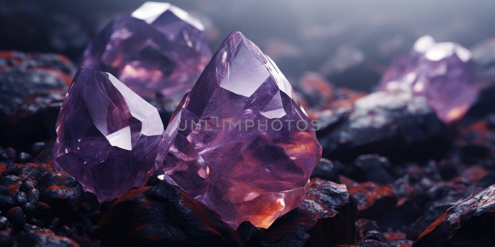 Macro detail to precious stone consisting of a violet or purple variety of quartz, ametyst raw material stone, jewelry concept by Kadula