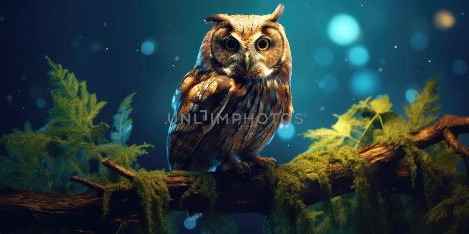 Owl on a branch during night, wildlife and nature concept