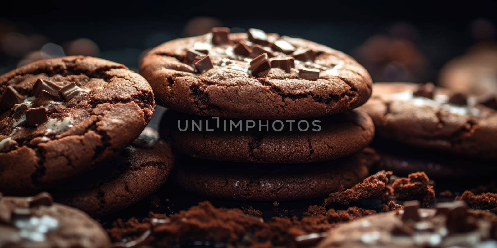 Macro detail chocolate cookies with small pieces of chocolate, food concept by Kadula