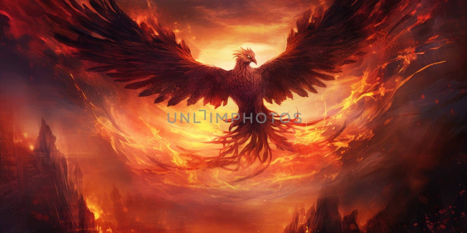 Mystic phoenix with a burned, fiery core background