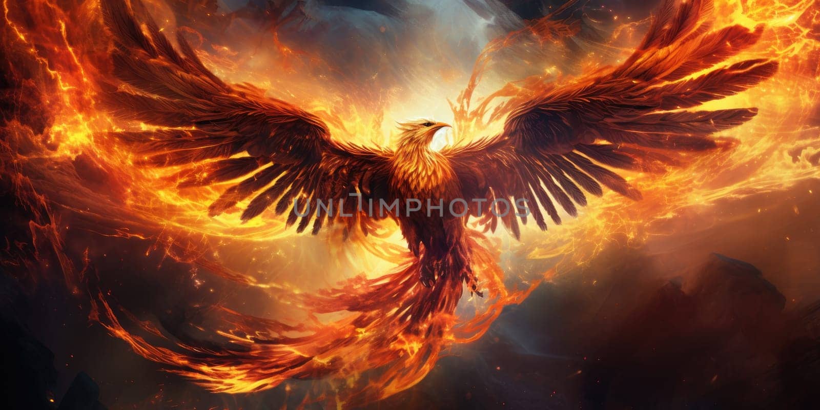 Mystic phoenix with a burned, fiery core background