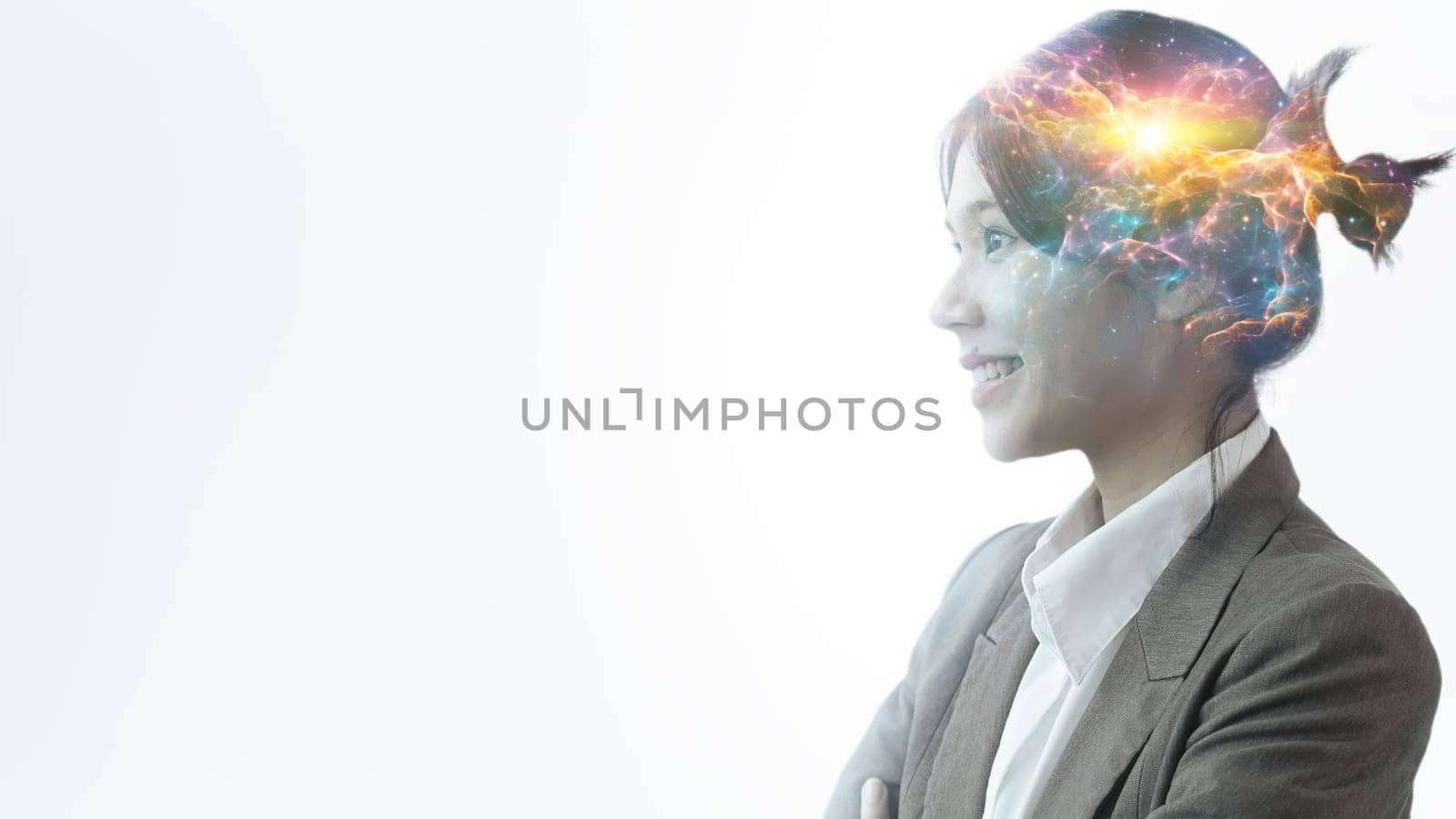 Double exposure of young businesswoman and creative technology. AI.