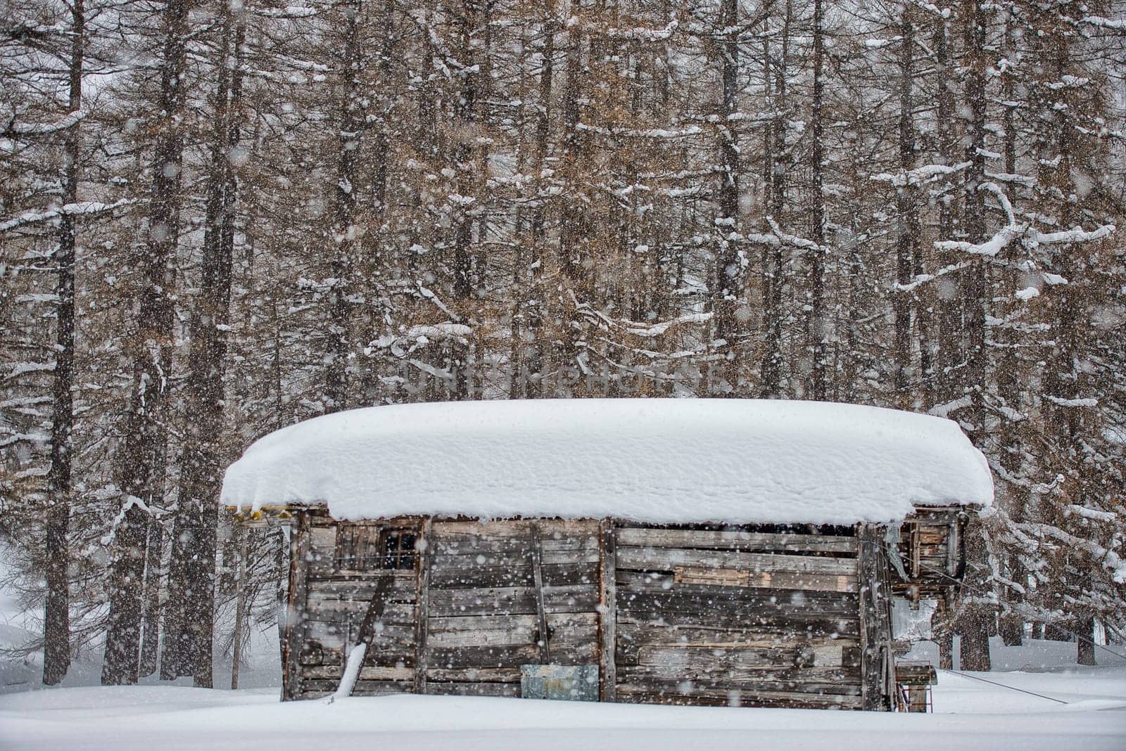 mountain hut under the snow by AndreaIzzotti