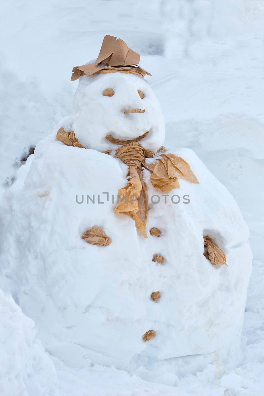 Real snowman on snow white background by AndreaIzzotti