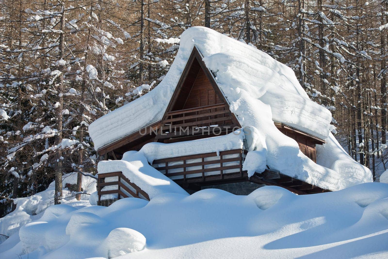 mountain wooden hut covered by snow